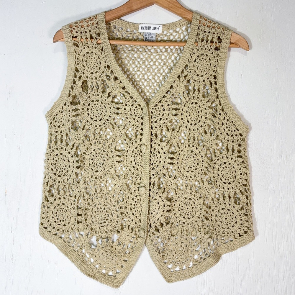 VTG Victoria Jones Tan Crochet Open Knit Boho Vest Womens S Tan Festival Artsy